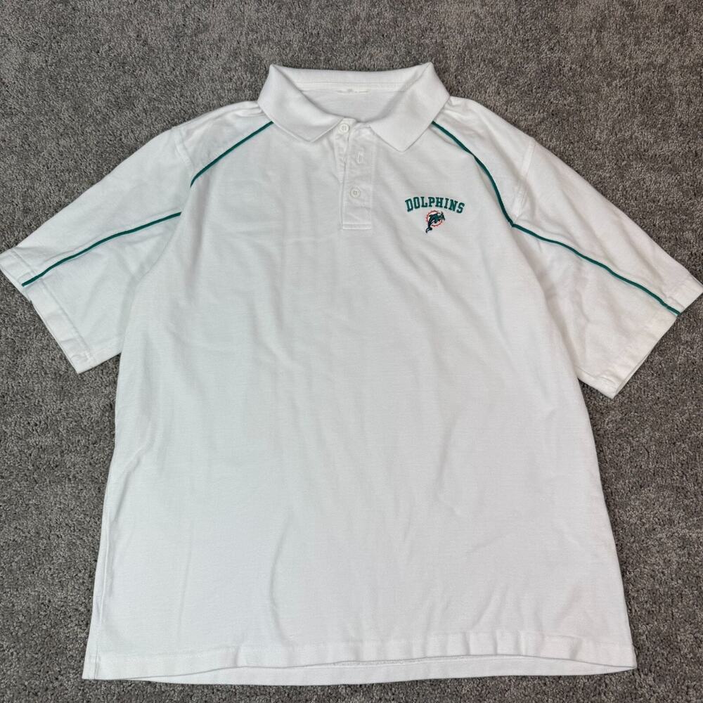 VTG Miami Dolphins Cotton Pullover Polo Shirt Mens Large White Teal Embroidered